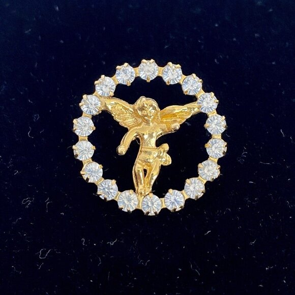 Angel Cherub Clear Rhinestones Circle Gold Tone Lapel Hat Lanyard Pin Brooch 1” - Picture 1 of 6